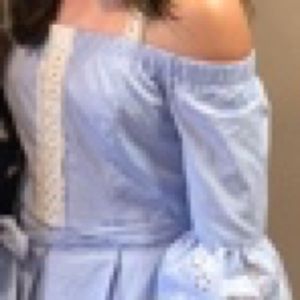 blue and white striped juniors off  shoulder dress